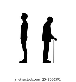 Detailed Silhouette of a Young Man Standing Beside an Elderly Man with Cane Illustrating Age Contrast