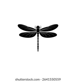A detailed, silhouetted image of a dragonfly. The insect's prominent veined wings and segmented body are visible in black against a white background.