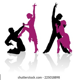 Detailed silhouettes of expressive couple dancing ballroom dance