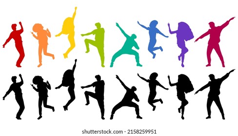 Detailed Silhouettes Of Expressive Dance People Dancing On An Isolated White Background. Young Men And Women Enjoying A Dance Party. Exciting Music Party. Adult Friends Jumping And Dancing.