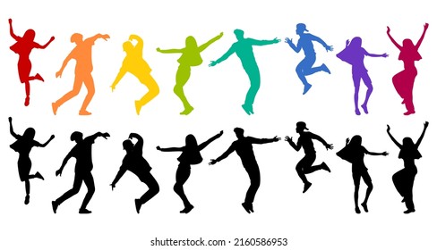 Detailed silhouettes of expressive dance people dancing on an isolated white background. Young men and women enjoying a dance party. Exciting music party. Adult friends jumping and dancing.