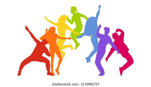 Detailed Silhouettes Of Expressive Dance People Dancing On An Isolated White Background. Young Men And Women Enjoying A Dance Party. Exciting Music Party. Adult Friends Jumping And Dancing.