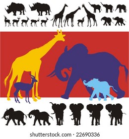 Detailed silhouettes of giraffes, rhinos, impalas and baby, young and adult elephants. All figures complete.