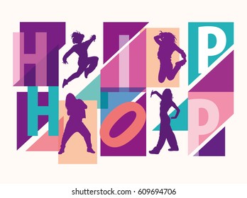 Detailed silhouettes of girls dancing among hip hop lettering. Multicolored silhouettes of girls dancing modern styles