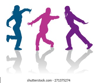 Detailed silhouettes of hip hop dancers. Girls dancing modern dance