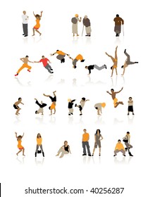 Detailed silhouettes of people: fun children, young couples, sport teens, old age