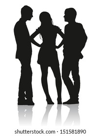 Detailed silhouettes of teens arguing with each other. Love triangle