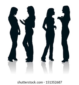 Detailed silhouettes of two young women chatting with each other