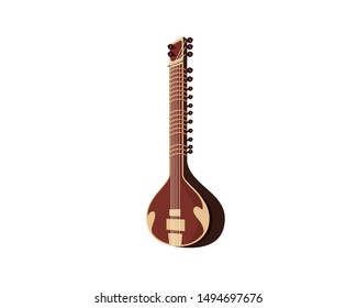 Detailed Sitar and India's String Musical Instrument Illustration