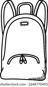 A detailed sketch of a backpack with stitching and zipper accents in a hand-drawn style. The bag features straps and a front pocket in a linear art form. Cartoon vector illustration.