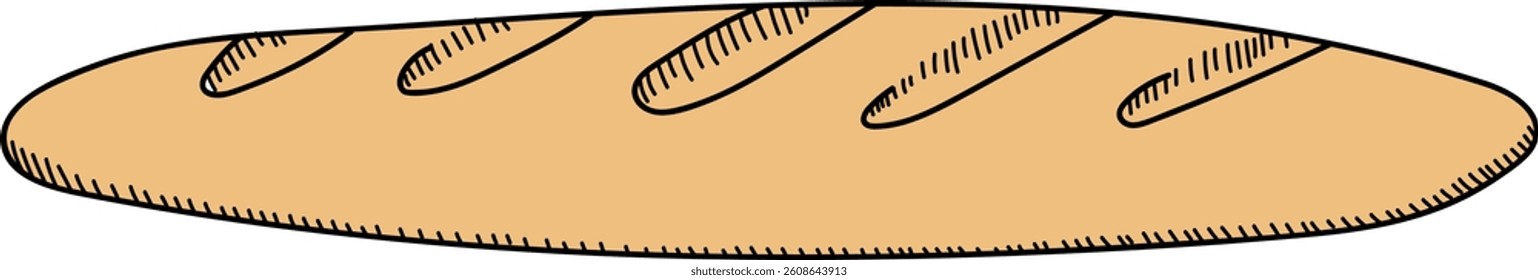 A detailed sketch of a baguette with distinct lines and texture. The bread is depicted in a stylized manner with emphasis on simplicity and form. Cartoon vector illustration.