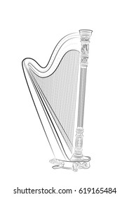 Detailed sketch of a beautiful concert harp with a carved pattern