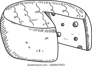 A detailed sketch of a cheese wheel with a wedge cut out, showcasing a classic hand-drawn style. The illustration presents a round block of cheese with dotted textures on the exposed section