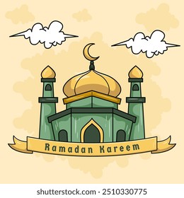 Detailed Sketch Illustration of Mosque Minaret with Islamic Ornaments for Ramadan Kareem on Grunge Background. Vector Illustration.