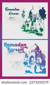Detailed Sketch Illustration of Mosque Tower in Purple Color for Ramadan Kareem with Grunge Background and Arabic text for Every Year. Vector Illustration