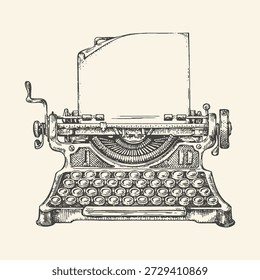 Um esboço detalhado de uma máquina de escrever antiquada, com papel em branco, evoca um sentimento de nostalgia e a arte de escrever.