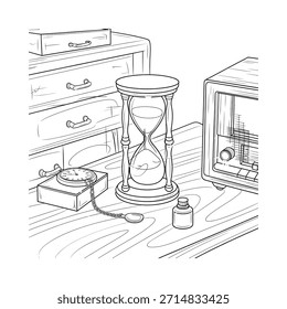 A detailed sketch of old-timey objects, including a radio, hourglass, and telephone.