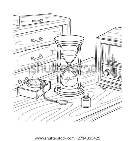A detailed sketch of old-timey objects, including a radio, hourglass, and telephone.