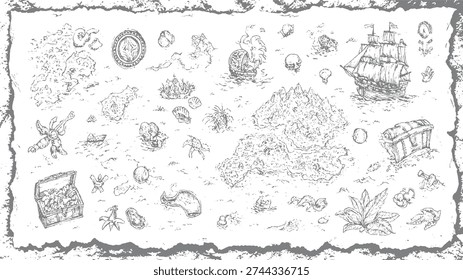 A detailed sketch of a pirate treasure map with various islands ships skulls and treasure chests.