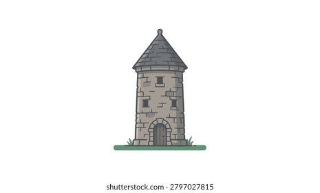 A detailed sketch of a rustic stone tower featuring a pointed roof, arched doorway, and small windows, set on a patch of grass