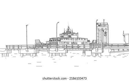 detailed sketch of the ship that is docked in the port