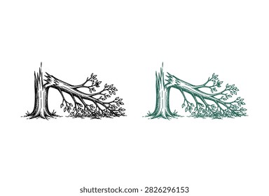A detailed sketch showing a snapped tree trunk with branches and leaves representing environmental damage and forest destruction
