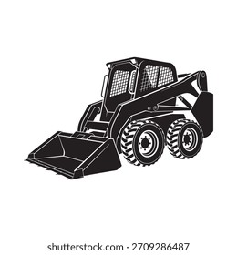 Un boceto detallado de una minicargadora, también conocida como bobcat, se muestra desde un ángulo lateral con su cuchara bajada.
