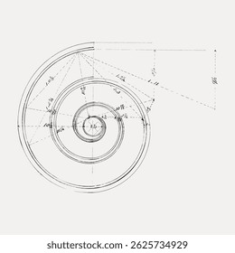 A detailed sketch of a spiral design, featuring geometric patterns and precise measurements. The spiral sketch showcases intricate geometric design elements. Vintage illustration vector.
