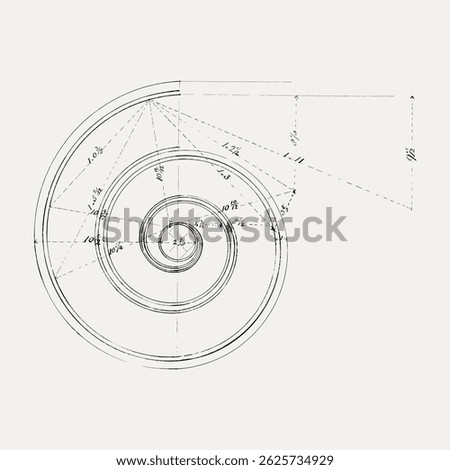 A detailed sketch of a spiral design, featuring geometric patterns and precise measurements. The spiral sketch showcases intricate geometric design elements. Vintage illustration vector.