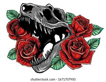 Detailed sketch style drawing of the roaring tyrannosaurus rex and roses frame. Tattoo design.