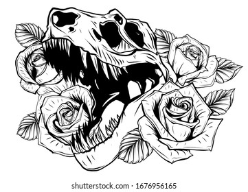 Detailed Sketch Style Drawing Of The Roaring Tyrannosaurus Rex And Roses Frame. Tattoo Design.