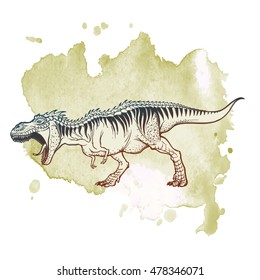 Detailed sketch style drawing of the roaring tirannosaurus rex. Full-lenght figure. Threatening pose. Grunge background. EPS10 vector illustration.