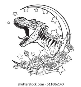 Detailed sketch style drawing of the roaring tyrannosaurus rex on a Moon and roses frame. Tattoo design. Concept art drawing. Sketch Isolated on white background. EPS10 vector illustration.