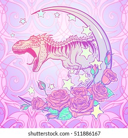 Detailed sketch style drawing of the roaring tyrannosaurus rex on Kawaii Moon and roses frame. Tattoo design. Concept art drawing. Pastel goth pallette. EPS10 vector illustration.