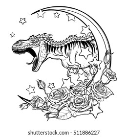 Detailed sketch style drawing of the roaring tyrannosaurus rex on a Moon and roses frame. Tattoo design. Concept art drawing. Sketch Isolated on white background. EPS10 vector illustration.