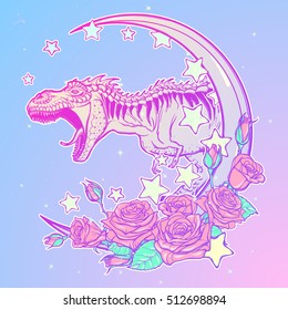 Detailed sketch style drawing of the roaring tyrannosaurus rex on Kawaii Moon and roses frame. Tattoo design. Concept art drawing. Pastel goth pallette. EPS10 vector illustration.