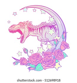 Detailed sketch style drawing of the roaring tyrannosaurus rex on Kawaii Moon and roses frame. Tattoo design. Concept art. Pastel goth pallette. EPS10 vector illustration isolated on white background.