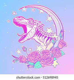 Detailed sketch style drawing of the roaring tyrannosaurus rex on Kawaii Moon and roses frame. Tattoo design. Concept art drawing. Pastel goth pallette. EPS10 vector illustration.