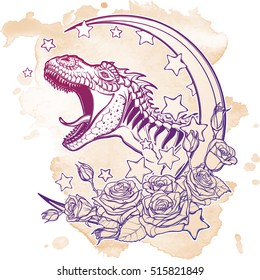 Detailed sketch style drawing of the roaring tyrannosaurus rex on Kawaii Moon and roses frame. Tattoo design. Concept art. Grunge background. EPS10 vector illustration isolated on white background.
