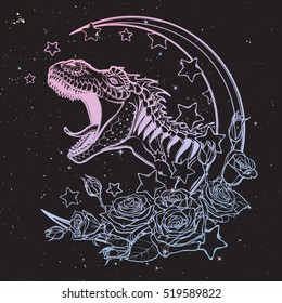 Detailed sketch style drawing of the roaring tyrannosaurus rex on a Moon and roses frame. Tattoo design. Concept art drawing. Sketch Isolated on balack night sky background. EPS10 vector illustration.