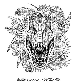 Detailed sketch style drawing of the roaring tirannosaurus rex head on a decoratve bunch of tropical leaves and flowers. Black and white sketch isolated on white background. EPS10 vector illustration.