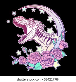 Detailed sketch style drawing of the roaring tyrannosaurus rex on Kawaii Moon and roses frame. Tattoo design. Concept art. Pastel goth pallette. EPS10 vector illustration isolated on black background.