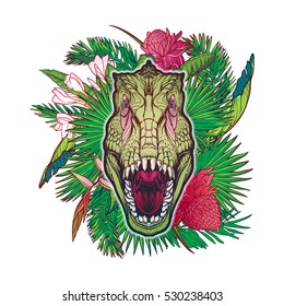 Detailed sketch style drawing of the roaring tirannosaurus rex head on a decoratve bunch of tropical leaves and flowers. Painted sketch. EPS10 vector illustration.