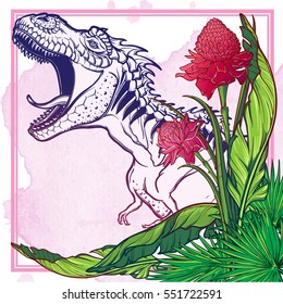 Detailed sketch style drawing of the roaring tirannosaurus rex on a decoratve bunch of tropical leaves and flowers. Painted sketch. EPS10 vector illustration.