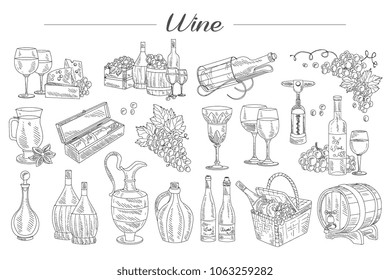 Detailed sketch of wine elements. Bottles, glasses of different shapes, barrels, picnic basket. Delicious alcoholic beverage made from grapes. Hand drawn vector design