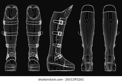 Esboços de inicialização de esqui detalhados em um fundo preto mostram designs, cores e texturas exclusivos. Cada bota possui alças, fivelas e solas distintas com acabamento brilhante ou fosco.
