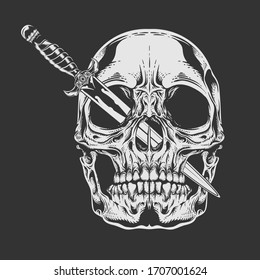 detailed skull head illustration with sword - vector