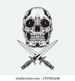 detailed skull head illustration with sword - vector