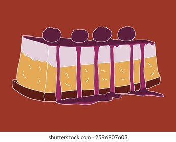 Detailed slice of cake illustration with layers and frosting. Perfect for bakery branding, menu designs, food packaging, and dessert-themed projects.