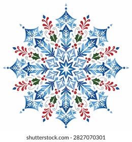 Detailed snowflake pattern featuring blue ice crystals and festive holly
